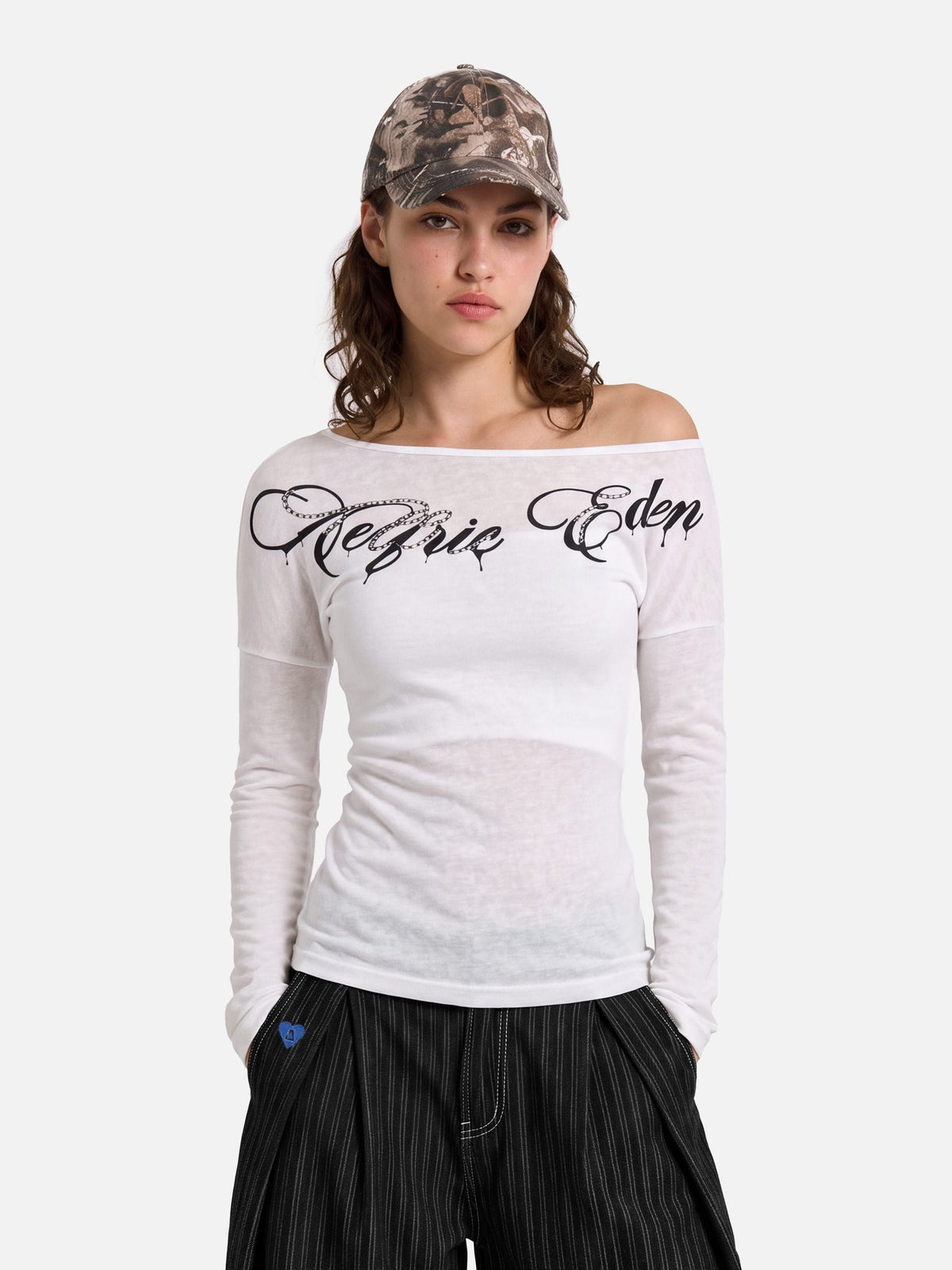 Aelfric Eden Off-The-Shoulder Script Long Sleeve Tee