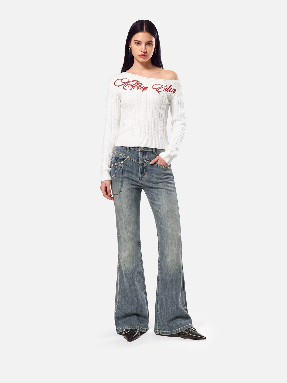 Aelfric Eden Cable Knit Off-The-Shoulder Sweater