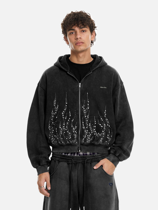 Aelfric Eden Boxy Flame Rhinestone Zip Up Hoodie