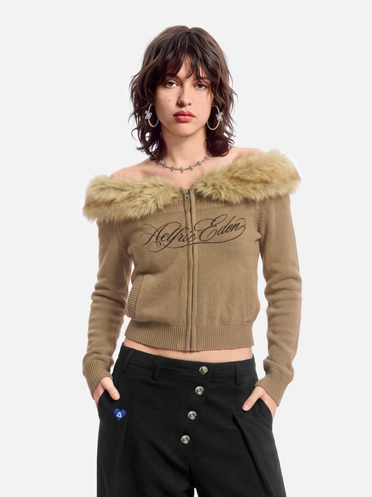 Aelfric Eden Faux Fur Off-The-Shoulder Cardigan
