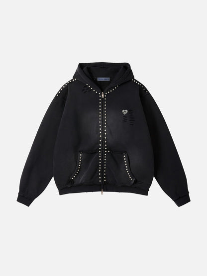 Aelfric Eden Distressed Rhinestone Zip Up Hoodie