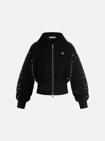 Aelfric Eden Cropped Pearl Studded Zip Up Hoodie