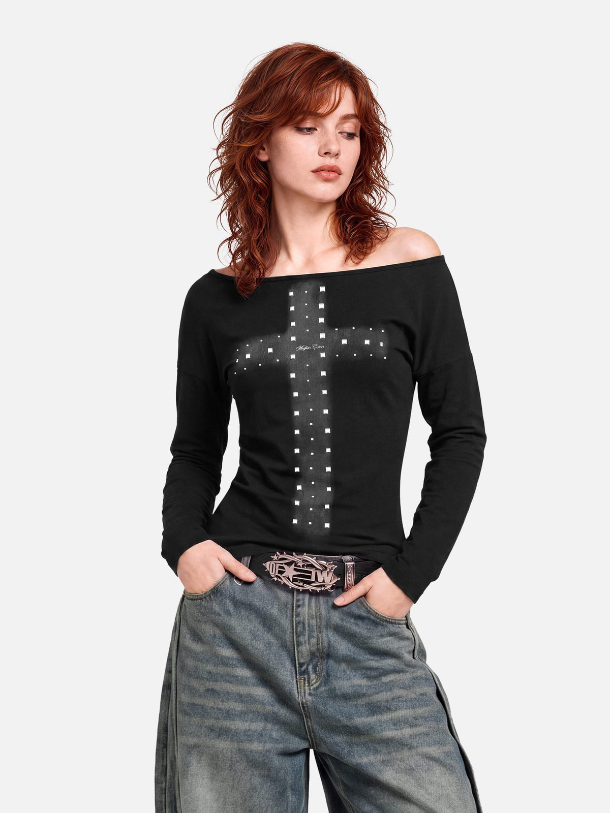 Aelfric Eden Studded Cross Off-The-Shoulder Long Sleeve Tee