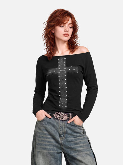 Aelfric Eden Studded Cross Off-The-Shoulder Long Sleeve Tee